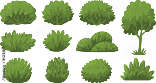 Cartoon bush and tree illustration set, stylized foliage shapes, green landscape elements, vector nature icons, garden design graphics