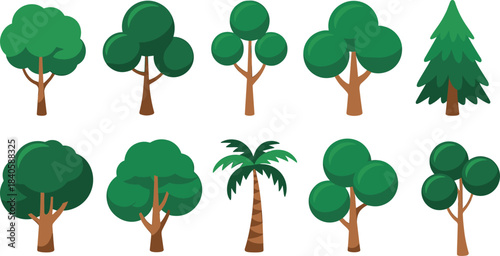 Cartoon tree illustration set, diverse foliage and trunk styles, coniferous, broadleaf, and palm types, vector botanical graphics