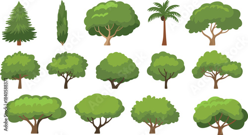 Cartoon tree illustration set, diverse foliage and trunk styles, coniferous, deciduous, tropical types, botanical vector graphics, forest nature icons