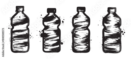 Four plastic bottles are depicted in a hand-drawn, grunge style, featuring rough brush strokes and ink splatters, conveying a raw and artistic aesthetic.