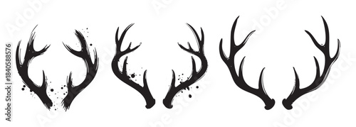 Three pairs of stylized deer antlers with a grunge effect are depicted in a rustic black ink illustration, perfect for nature-inspired designs.