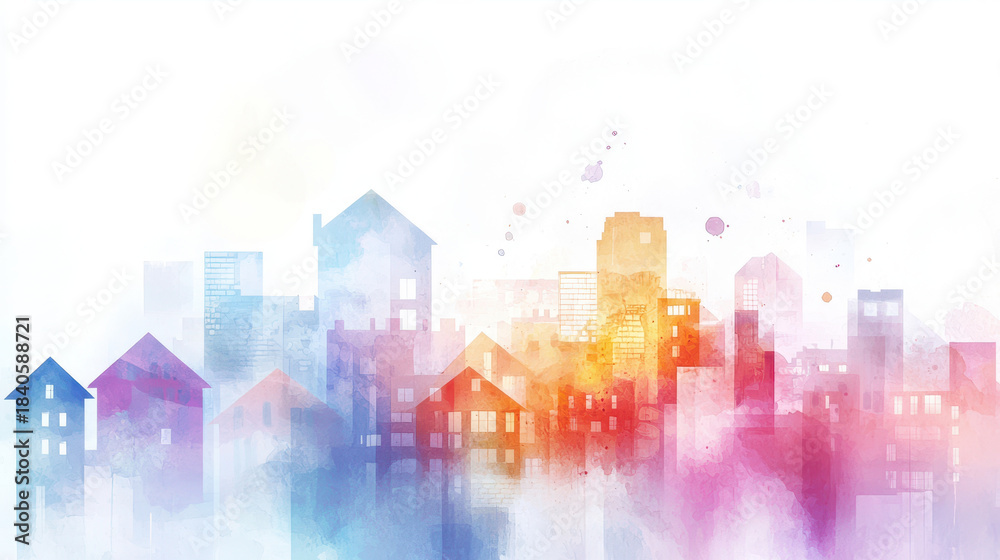 Obraz premium Colorful watercolor cityscape with abstract houses in shades of blue, pink, and orange, creating vibrant and dreamy atmosphere