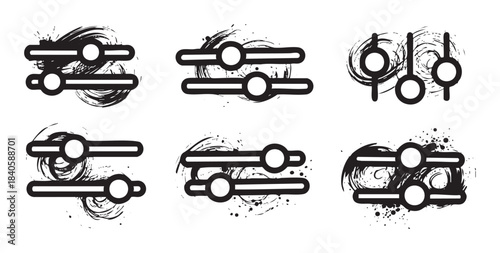 Abstract grunge slider equalizer control settings icons with artistic brushstrokes and splatters creating a dynamic visual representation of adjustment and customization options.