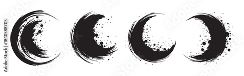 Four black artistic brush strokes with textured splatter details create a dynamic and expressive abstract design element collection.