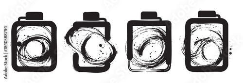 Four abstract battery icons with grunge brush strokes illustrate different energy levels or power status in a modern, artistic style.