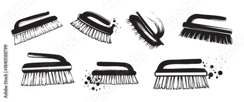 Scrubbing brushes collection of various cleaning tools for household chores and industrial use, depicted in a black and white grunge vector style with splatters.
