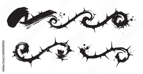 Stylized thorny branches with grunge ink splatters and swirling shapes form a decorative and edgy design element for various creative projects.
