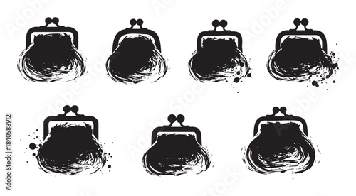 Six artistic coin purses featuring distressed grunge textures are presented in a monochrome, hand-drawn style, symbolizing finance and vintage savings.