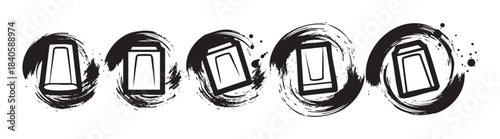 Stylized cups and containers with grunge brushstrokes form a decorative, abstract pattern, creating a dynamic and artistic visual.