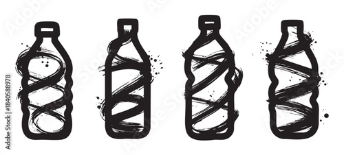 Four stylized plastic bottles featuring a dynamic grunge brushstroke texture, creating a modern and artistic vector illustration for various design concepts.