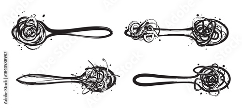 Four hand drawn spoons holding delicious pasta or noodles, depicted in a stylized black and white ink sketch illustration with splatters.