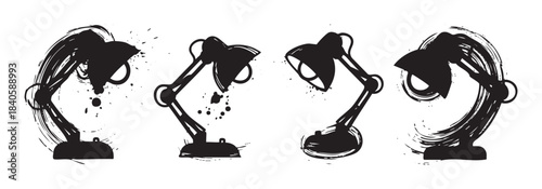 Four artistic black desk lamps rendered in a grunge brushstroke style, showcasing various adjustable positions and a creative, hand-drawn aesthetic.