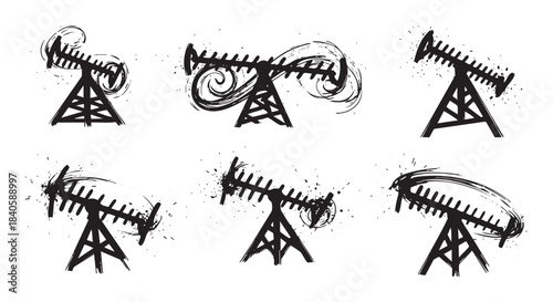 Oil pumpjacks collection of six grunge style hand drawn illustrations depicting petroleum extraction equipment with dynamic brushstrokes and ink splatters.