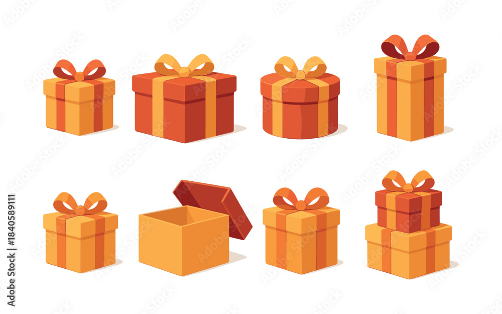Obraz premium Gift box collection, presents, ribbons, packaging, flat vector illustration
