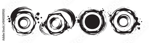 Abstract ink circles feature a collection of artistic brushstroke designs with varying patterns and textures, creating a dynamic graphic element.