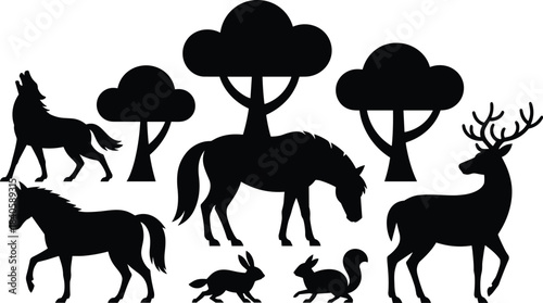 Forest animal silhouettes with trees, wildlife vector illustration, black nature icons, deer, wolf, horse, rabbit, squirrel, woodland design elements
