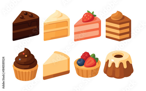 Dessert collection, cakes, cupcakes, tarts, flat vector illustration