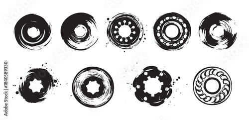 Grunge circular shapes with various distressed textures and abstract patterns create a versatile graphic design element collection.