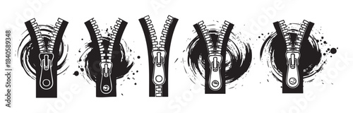 Five different zipper designs with an open or partially unzipped appearance, rendered in a striking black and white grunge illustration style with ink splatters.