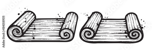 Two ancient rolled scrolls with distressed texture and ink splatters creating a vintage, historical, or academic concept illustration.