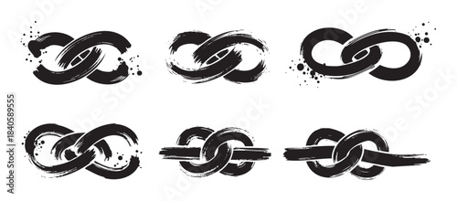 Infinity symbols, created with expressive black brushstrokes, form a versatile collection of six unique designs symbolizing endlessness and connection.