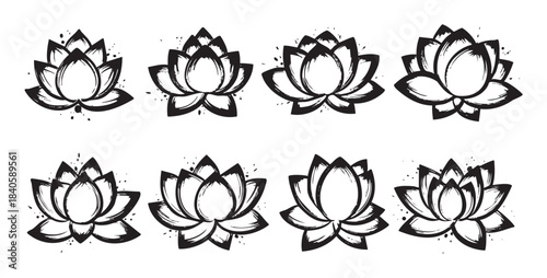 Eight stylized lotus flowers with artistic brushstroke texture are arranged in a grid, symbolizing purity, enlightenment, and spiritual growth.
