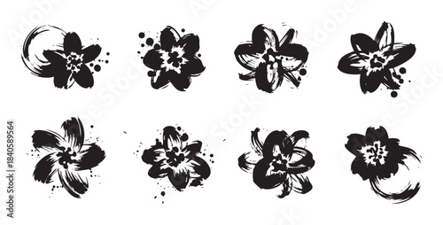 Abstract brushstroke floral designs collection features a variety of stylized ink illustrations with grunge textures and artistic splatters, perfect for decorative elements.