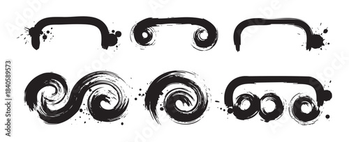 Black ink brush strokes form a versatile collection of abstract and artistic grunge design elements with textured edges and splatters.