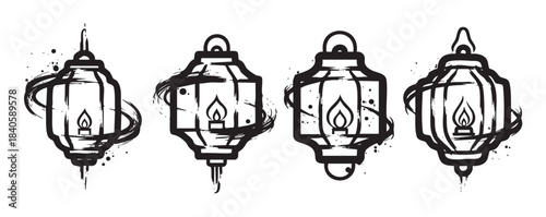 Four decorative black and white lanterns with brush stroke details and a stylized flame icon inside, representing light and celebration in an artistic graphic style.