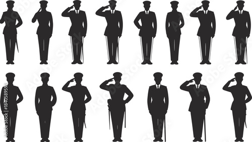 Military personnel silhouette illustration set, formal stances and salutes, uniformed figures with swords, vector icons for commemorative design