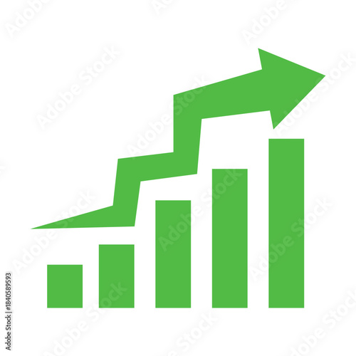 Graph going up sign with green arrows. Bar chart symbol icon with arrow moving up.