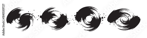 Four black brush stroke elements create dynamic artistic swirl patterns with textured details and scattered ink splatters, conveying a grunge aesthetic.