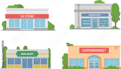 Retail store illustration set, 24 store, minimarket, mini mart, supermarket comparison, vector shop graphics, commercial design icons