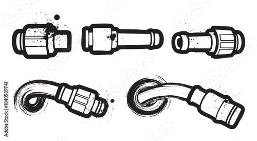 Stylized black and white industrial fittings with a distressed grunge texture and ink splatters, perfect for mechanical engineering designs.