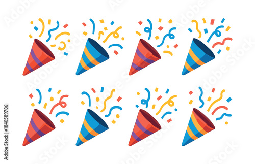 Party popper celebration, flat vector illustration with confetti and streamers