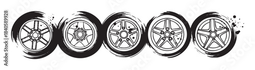 Five distinct car wheels with various rim designs are depicted in a stylized black and white grunge illustration, showcasing automotive parts.