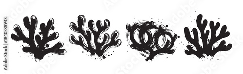 Abstract coral seaweed shapes with a grunge brushstroke texture create a modern artistic design element for various creative projects.