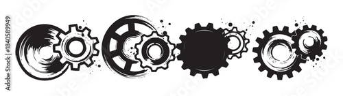 Various industrial gears with artistic brushstroke texture and ink splatters symbolize teamwork, progress, and mechanical innovation.