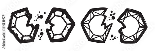 Abstract broken geometric diamond shapes with grunge texture and ink splatters create a unique artistic design element perfect for creative projects and modern aesthetics.