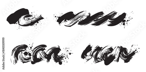 Abstract black ink brush strokes with expressive textures and splatters create a dynamic, artistic collection for design elements and creative projects.