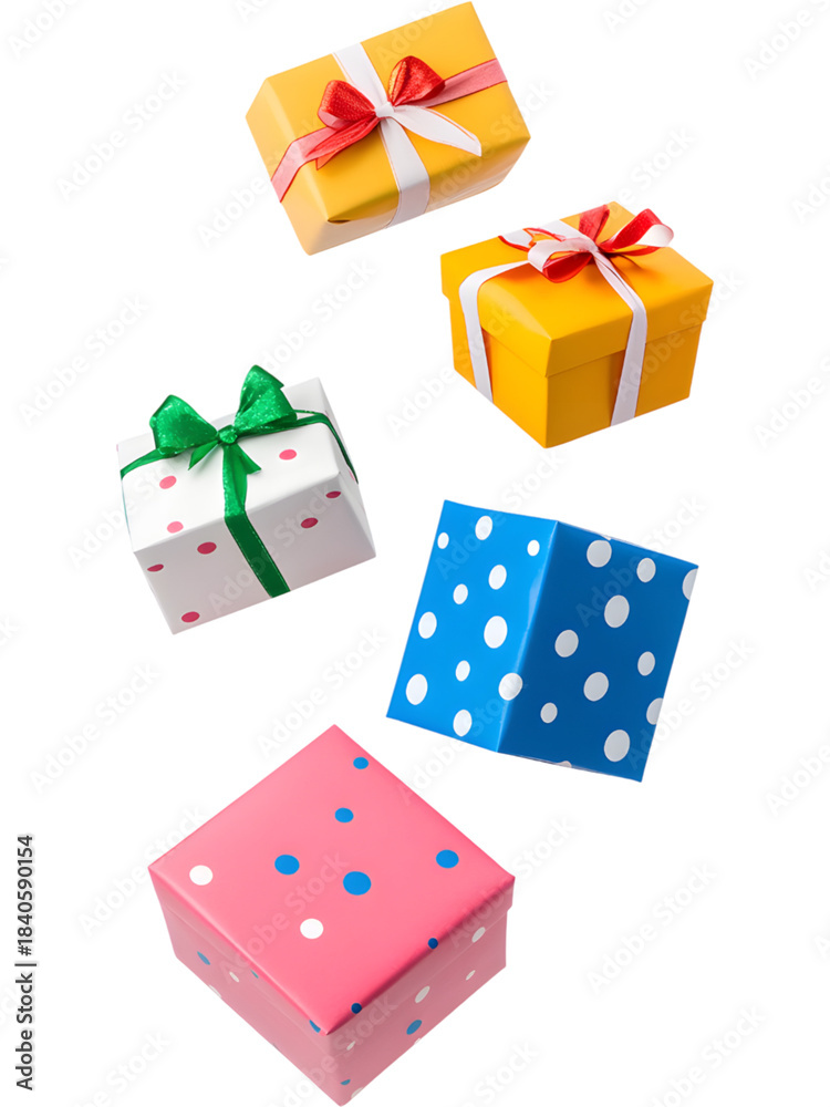 Naklejka premium .Colorful Christmas gift boxes in green, red, and white tones floating on transparent background. Playful festive arrangement perfect for holiday graphics