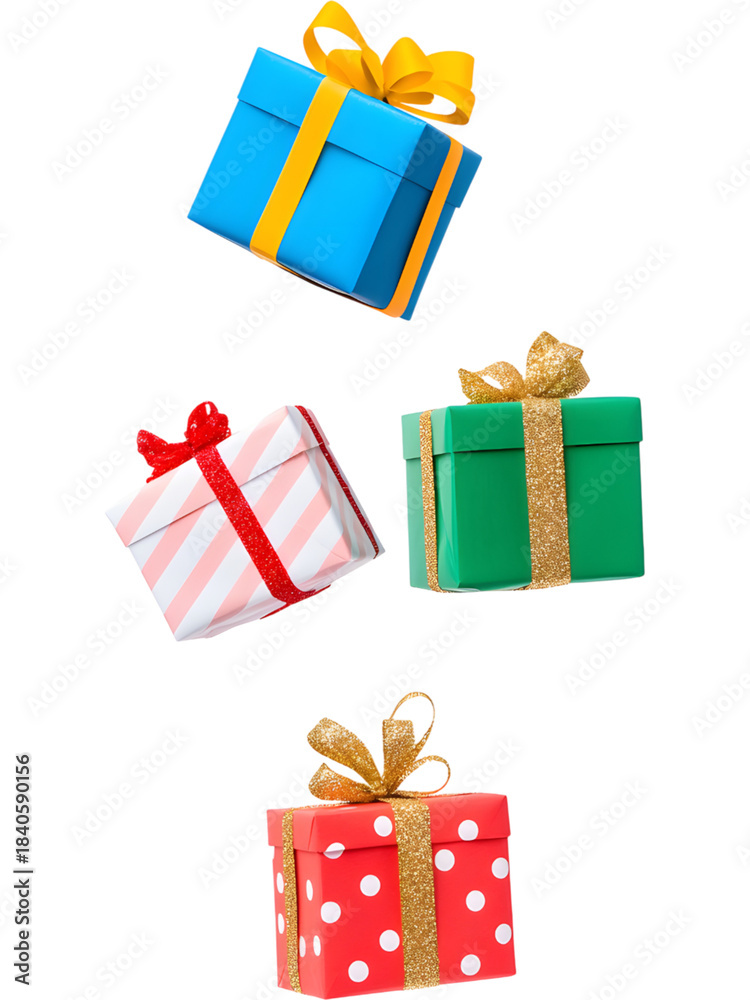 Naklejka premium .Colorful Christmas gift boxes in green, red, and white tones floating on transparent background. Playful festive arrangement perfect for holiday graphics