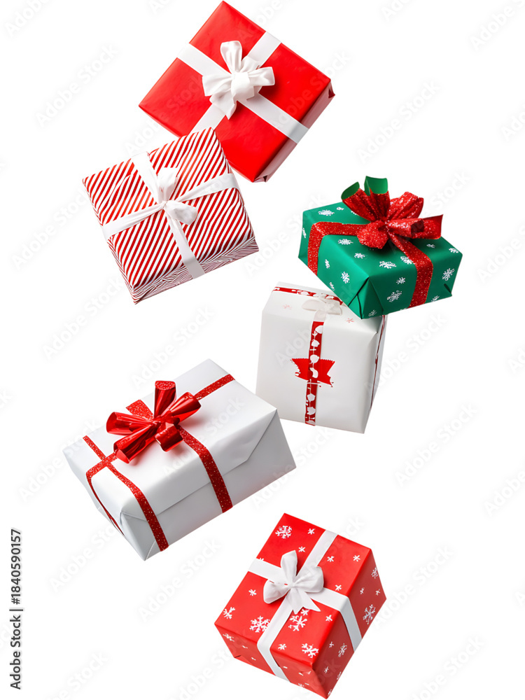 Naklejka premium .Colorful Christmas gift boxes in green, red, and white tones floating on transparent background. Playful festive arrangement perfect for holiday graphics