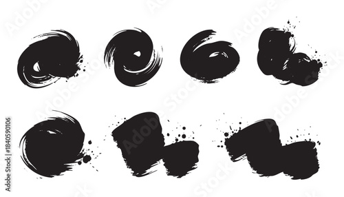 Black ink brush strokes and artistic paint splatters create a dynamic collection of grunge textures and expressive design elements.