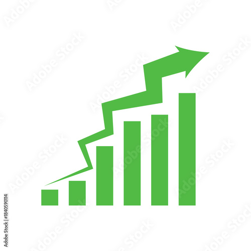 Graph going up sign with green arrows. Bar chart symbol icon with arrow moving up.
