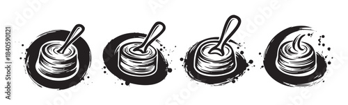 Stirring bowls with spoons set of artistic black and white brushstroke icons representing cooking, mixing, or beverage preparation.
