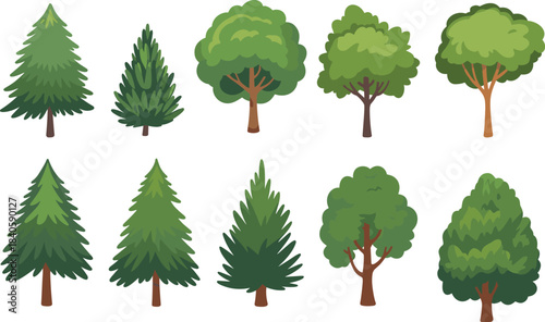 Stylized tree illustration set, diverse canopy and trunk designs, coniferous and broadleaf types, botanical vector graphics, forest nature icons