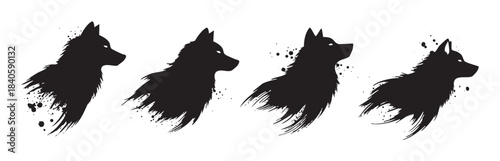 Four stylized wolf dog animal silhouettes with glowing eyes are depicted in a dynamic, artistic brushstroke style, creating a powerful and expressive visual.