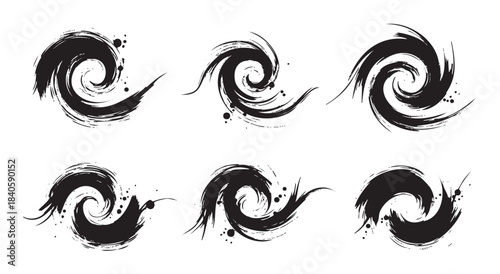 Black ink brush stroke swirls create a dynamic and artistic collection of abstract spiral designs, perfect for various creative projects and graphic elements with a grunge aesthetic.