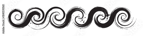 Brushstroke waves form a continuous, stylized horizontal border design, featuring a textured, hand-drawn appearance with artistic ink splatters and a grunge aesthetic.